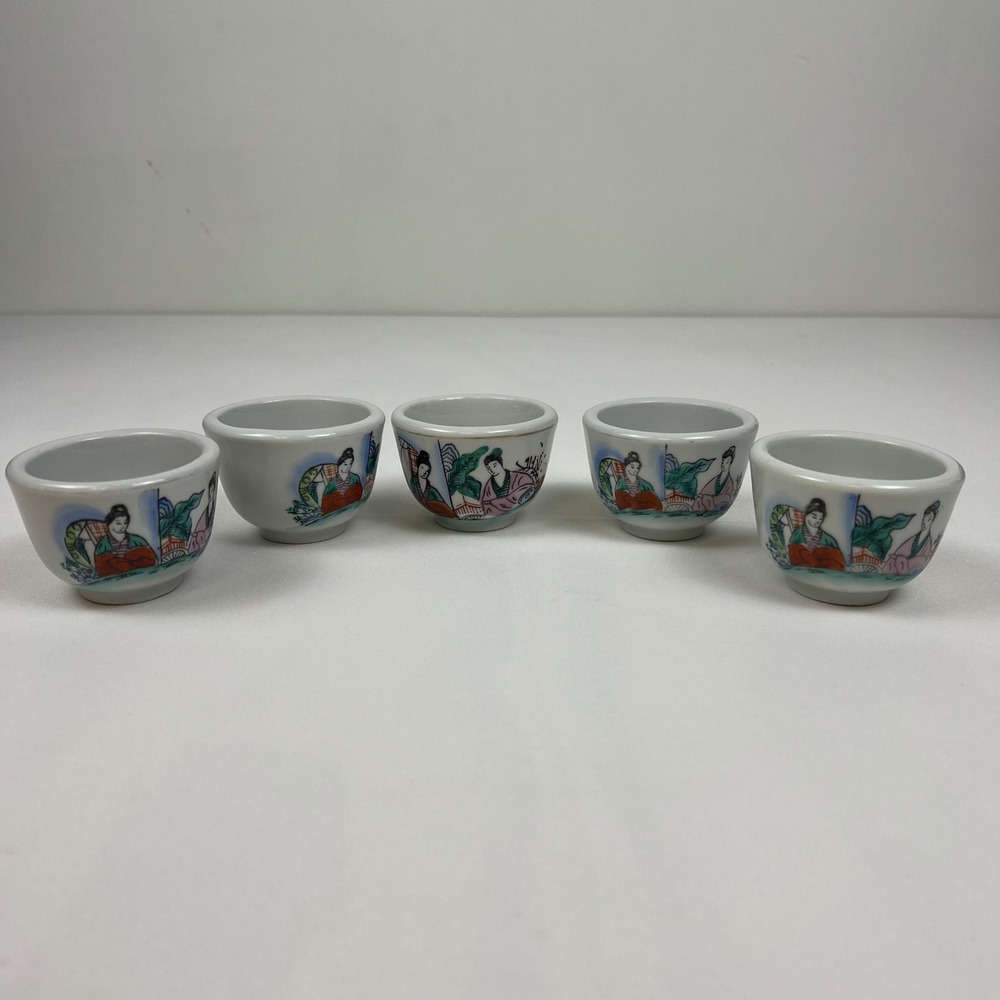 F.S. Louie & Co Sake Tea Cups Set 5 Geisha Berkeley CA Ceramic Good